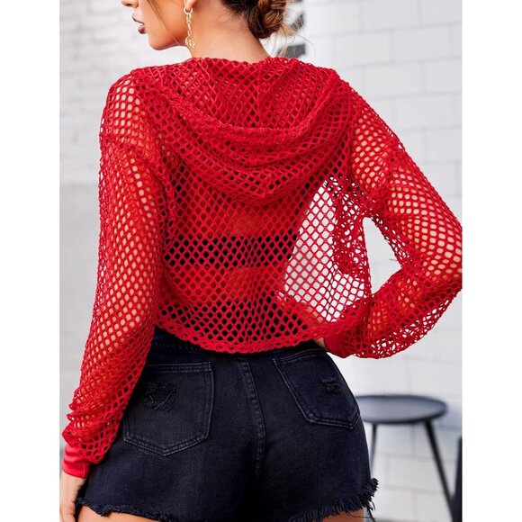 🆕Women’s Red Polyester Mesh Hoodie Crop Top Long Sleeve Fishnet Shirt - Picture 5 of 6